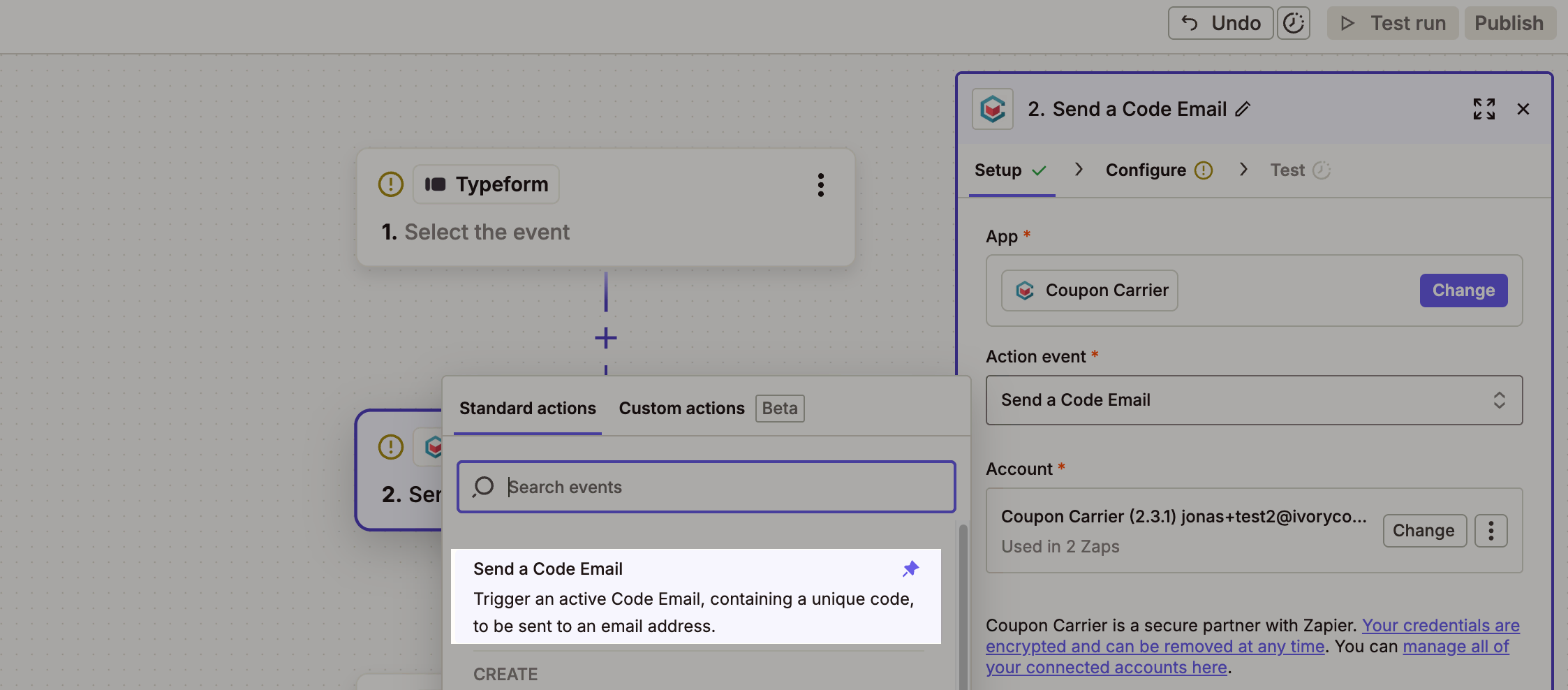 A screenshot of the Zapier editor showing the available Coupon Carrier actions.