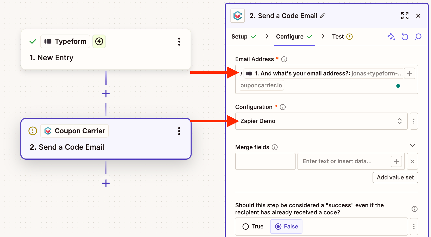 A screenshot showing how to map data from a trigger to the Coupon Carrier action fields in Zapier.
