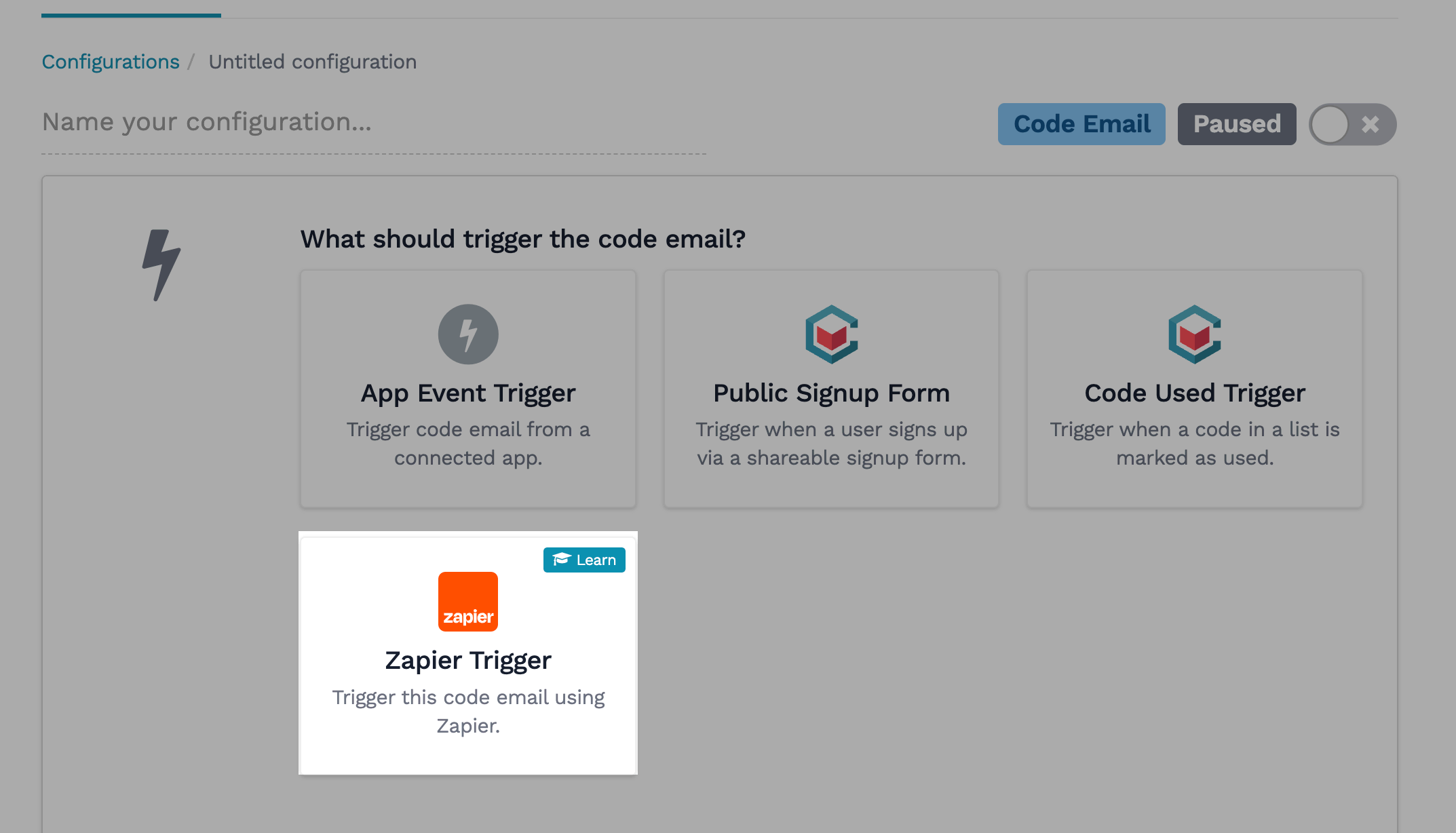 A screenshot showing the Zapier Trigger option in the Coupon Carrier configuration setup.